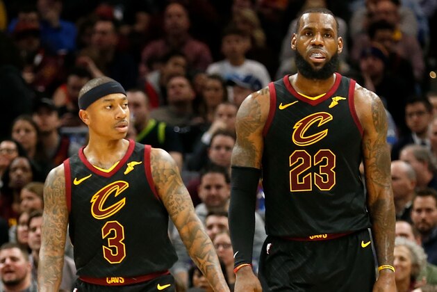 CLEVELAND, OH - JANUARY 20:  Isaiah Thomas #3 of the Cleveland Cavaliers and LeBron James #23 of the Cleveland Cavaliers walk up the court during the game against the Oklahoma City Thunder at Quicken Loans Arena on January 20, 2018 in Cleveland, Ohio. NOTE TO USER: User expressly acknowledges and agrees that, by downloading and or using this photograph, User is consenting to the terms and conditions of the Getty Images License Agreement. (Photo by Kirk Irwin/Getty Images)
