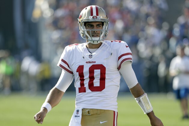 San Francisco 49ers quarterback Jimmy Garoppolo against the Los Angeles Rams during the first half of an NFL football game Sunday, Dec. 31, 2017, in Los Angeles. (AP Photo/Rick Scuteri)