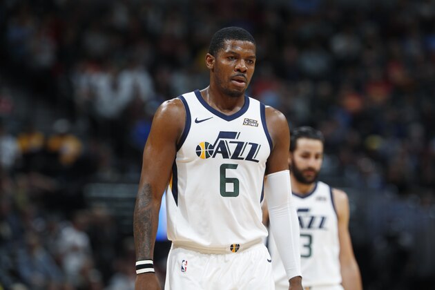 Utah Jazz guard Joe Johnson (6) in the first half of an NBA basketball game Friday, Jan. 5, 2018, in Denver. (AP Photo/David Zalubowski)