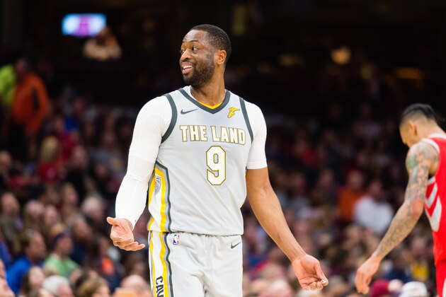 CLEVELAND, OH - FEBRUARY 3: Dwyane Wade #9 of the Cleveland Cavaliers reacts during the first half against the Houston Rockets at Quicken Loans Arena on February 3, 2018 in Cleveland, Ohio. NOTE TO USER: User expressly acknowledges and agrees that, by downloading and or using this photograph, User is consenting to the terms and conditions of the Getty Images License Agreement. (Photo by Jason Miller/Getty Images)