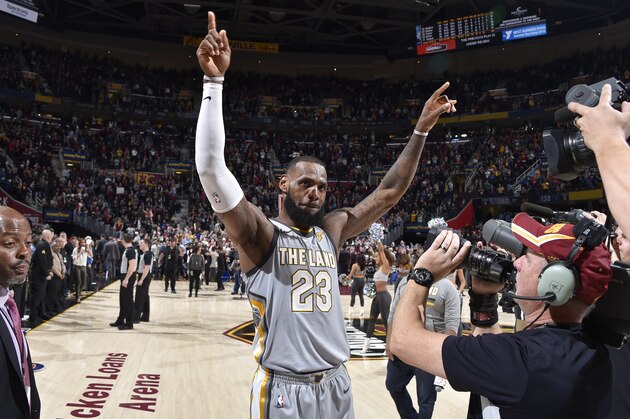 CLEVELAND, OH - FEBRUARY 7:  LeBron James #23 of the Cleveland Cavaliers celebrates a win against the Minnesota Timberwolves on February 7, 2018 at Quicken Loans Arena in Cleveland, Ohio. LeBron James (37 points, 15 assists, 10 rebounds) made a fadeaway jumper as time expired in overtime to propel the Cavaliers to a 140-138 victory over the Timberwolves in Cleveland. NOTE TO USER: User expressly acknowledges and agrees that, by downloading and/or using this Photograph, user is consenting to the terms and conditions of the Getty Images License Agreement. Mandatory Copyright Notice: Copyright 2018 NBAE  (Photo by David Liam Kyle/NBAE via Getty Images)