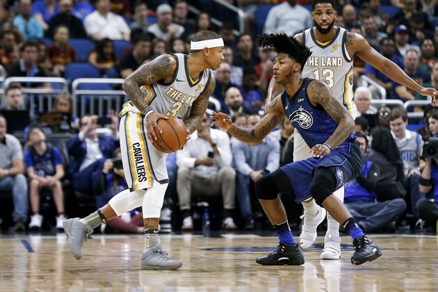 TALLAHASSEE, FL - FEBRUARY 3: Elfrid Payton #2 of the Orlando Magic defends Isaiah Thomas #3 of the Cleveland Cavaliers during the game at the Amway Cetnter on February 6, 2018 in Orlando, Florida. The Magic defeated the Cavaliers 116 to 98. NOTE TO USER: User expressly acknowledges and agrees that, by downloading and or using this photograph, User is consenting to the terms and conditions of the Getty Images License Agreement. (Photo by Don Juan Moore/Getty Images)