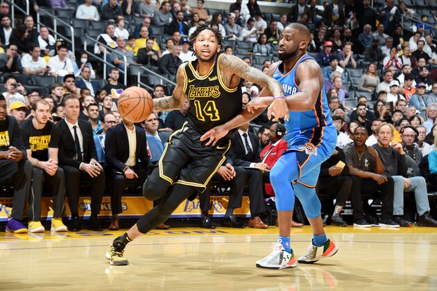 LOS ANGELES, CA - FEBRUARY 8: Brandon Ingram #14 of the Los Angeles Lakers handles the ball during the game against the Oklahoma City Thunder on February 8, 2018 at STAPLES Center in Los Angeles, California. NOTE TO USER: User expressly acknowledges and agrees that, by downloading and/or using this Photograph, user is consenting to the terms and conditions of the Getty Images License Agreement. Mandatory Copyright Notice: Copyright 2018 NBAE (Photo by Andrew D. Bernstein/NBAE via Getty Images)