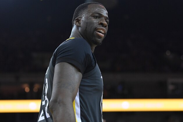 OAKLAND, CA - FEBRUARY 06:  Draymond Green #23 of the Golden State Warriors reacts to the officiating during the second half of an NBA basketball game against the Oklahoma City Thunder at ORACLE Arena on February 6, 2018 in Oakland, California. Green was called for two technical fouls and ejected from the game. NOTE TO USER: User expressly acknowledges and agrees that, by downloading and or using this photograph, User is consenting to the terms and conditions of the Getty Images License Agreement.  (Photo by Thearon W. Henderson/Getty Images)
