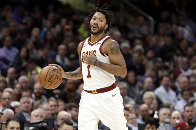 Cleveland Cavaliers' Derrick Rose drives against the Orlando Magic in the first half of an NBA basketball game, Thursday, Jan. 18, 2018, in Cleveland. (AP Photo/Tony Dejak)
