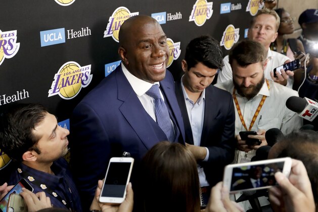 Magic Johnson, Los Angels Lakers President of Basketball Operations, talks during a news conference at an NBA basketball media day at the UCLA Health Training Center in El Segundo, Calif., Monday, Sept. 25, 2017. (AP Photo/Chris Carlson)