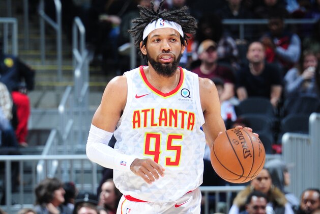 ATLANTA, GA - DECEMBER 14: DeAndre' Bembry #95 of the Atlanta Hawks handles the ball against the Detroit Pistons on December 14, 2017 at Philips Arena in Atlanta, Georgia. NOTE TO USER: User expressly acknowledges and agrees that, by downloading and/or using this Photograph, user is consenting to the terms and conditions of the Getty Images License Agreement. Mandatory Copyright Notice: Copyright 2017 NBAE (Photo by Scott Cunningham/NBAE via Getty Images)