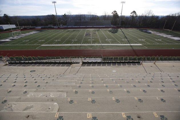 Pelham High School football field is seen, Wednesday, Jan. 6, 2016, where  Clemson football head coach Dabo Swinney attend high school, in Pelham, Ala. Clemson will now play Alabama in the NCAA college football championship game on Monday. (AP Photo/Brynn Anderson)