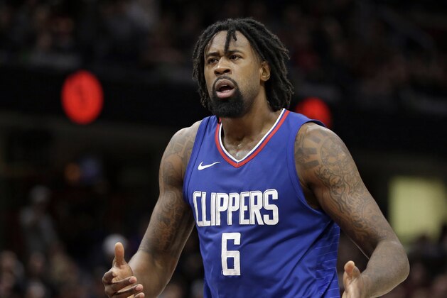 Los Angeles Clippers' DeAndre Jordan argues a call in the second half of an NBA basketball game against the Cleveland Cavaliers, Friday, Nov. 17, 2017, in Cleveland. (AP Photo/Tony Dejak)