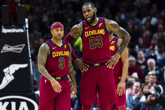 CLEVELAND, OH - JANUARY 2: Isaiah Thomas #3 listens to LeBron James #23 of the Cleveland Cavaliers during the first half against the Portland Trail Blazers at Quicken Loans Arena on January 2, 2018 in Cleveland, Ohio. NOTE TO USER: User expressly acknowledges and agrees that, by downloading and or using this photograph, User is consenting to the terms and conditions of the Getty Images License Agreement. (Photo by Jason Miller/Getty Images)