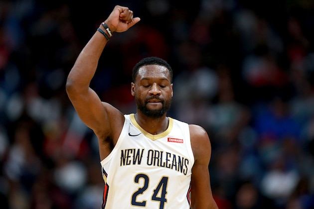 NEW ORLEANS, LA - NOVEMBER 20:  Tony Allen #24 of the New Orleans Pelicans reacts during a NBA game against the Oklahoma City Thunder at the Smoothie King Center on November 20, 2017 in New Orleans, Louisiana. The New Orleans Pelicans won the game 114 - 107. NOTE TO USER: User expressly acknowledges and agrees that, by downloading and or using this photograph, User is consenting to the terms and conditions of the Getty Images License Agreement.  (Photo by Sean Gardner/Getty Images)