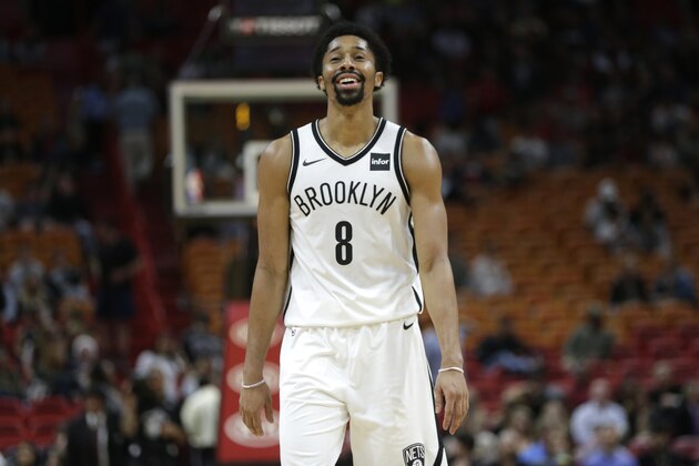 Brooklyn Nets' Spencer Dinwiddie (8) walks on the court during the second half of an NBA basketball game against the Miami Heat, Friday, Dec. 29, 2017, in Miami. The Nets won 111-87. (AP Photo/Lynne Sladky)