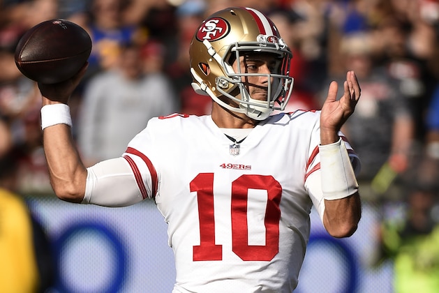 LOS ANGELES, CA - DECEMBER 31: Quarterback Jimmy Garoppolo #10 of the San Francisco 49ers throws a pass Los Angeles Rams  during the first quarter at Los Angeles Memorial Coliseum on December 31, 2017 in Los Angeles, California. (Photo by Kevork Djansezian/Getty Images)