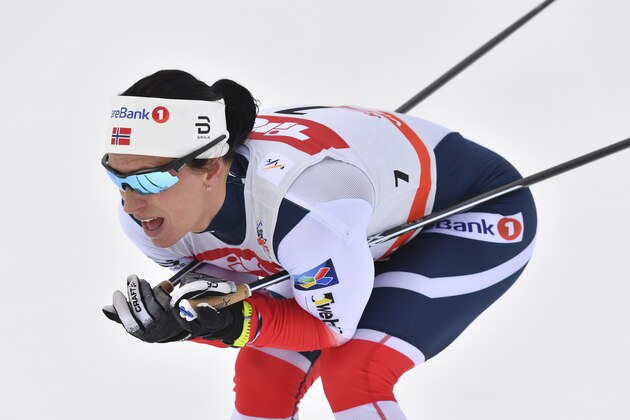 Norway's Marit  Bjoergen competes during the Ladies' 10 km Cross Country World Cup competition in Seefeld, Austria, Sunday, Jan. 28, 2018. (AP Photo/Kerstin Joensson)