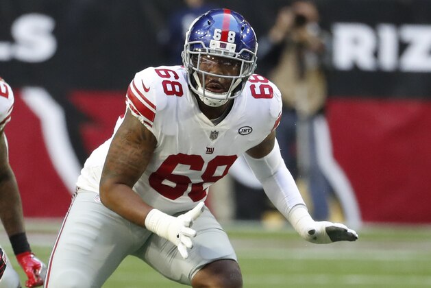 New York Giants offensive tackle Bobby Hart (68) during an NFL football game against the Arizona Cardinals, Sunday, Dec. 24, 2017, in Glendale, Ariz. The Cardinals won 23-0. (AP Photo/Rick Scuteri)