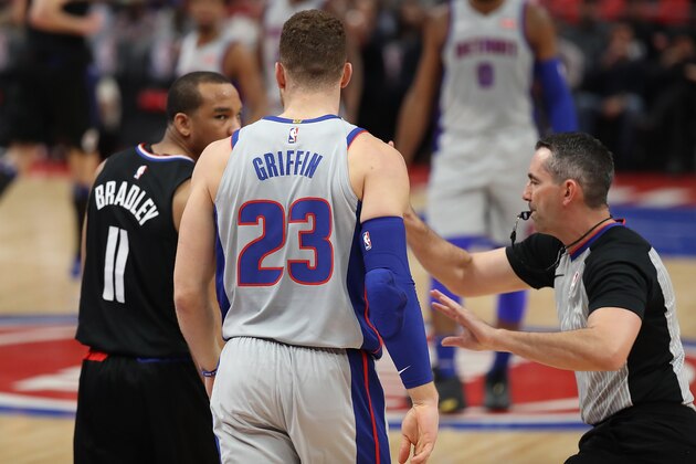 DETROIT, MI - FEBRUARY 9: Avery Bradley #11 of the LA Clippers and Blake Griffin #23 of the Detroit Pistons get into a shouting match during the second quarter of the game at Little Caesars Arena on February 9, 2018 in Detroit, Michigan. NOTE TO USER: User expressly acknowledges and agrees that, by downloading and or using this photograph, User is consenting to the terms and conditions of the Getty Images License Agreement (Photo by Leon Halip/Getty Images)