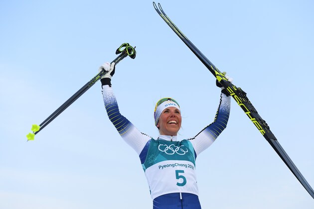 PYEONGCHANG-GUN, SOUTH KOREA - FEBRUARY 10:  Charlotte Kalla of Sweden celebrates winning gold during the Ladies Cross Country Skiing 7.5km + 7.5km Skiathlon on day one of the PyeongChang 2018 Winter Olympic Games at Alpensia Cross-Country Centre on February 10, 2018 in Pyeongchang-gun, South Korea.  (Photo by Quinn Rooney/Getty Images)