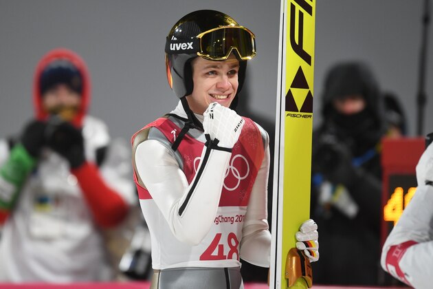 Germany's Andreas Wellinger reacts after competing in the men's normal hill individual ski jumping event during the Pyeongchang 2018 Winter Olympic Games on February 10, 2018, in Pyeongchang. / AFP PHOTO / Christof STACHE        (Photo credit should read CHRISTOF STACHE/AFP/Getty Images)