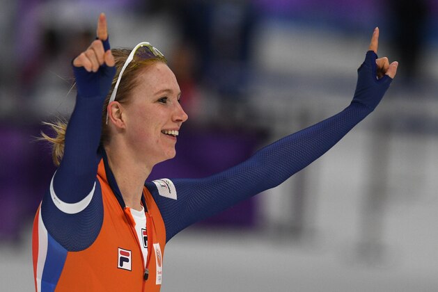 Netherlands' Carlijn Achtereekte celebrates after the women's 3,000m speed skating event during the Pyeongchang 2018 Winter Olympic Games at the Gangneung Oval in Gangneung on February 10, 2018. / AFP PHOTO / Roberto SCHMIDT        (Photo credit should read ROBERTO SCHMIDT/AFP/Getty Images)