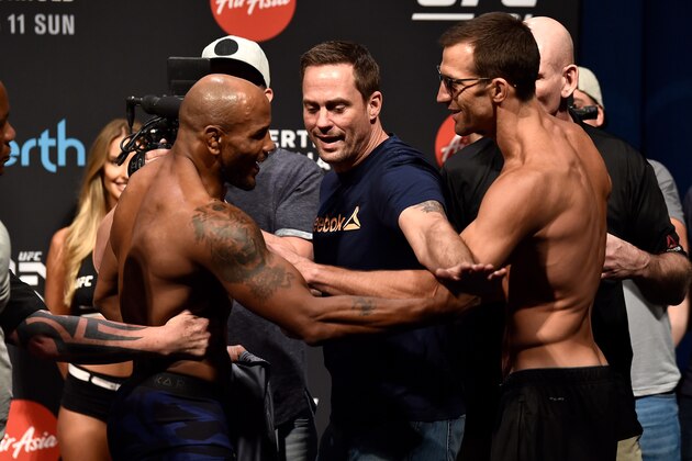 PERTH, AUSTRALIA - FEBRUARY 10:  (L-R) Opponents Yoel Romero of Cuba and Luke Rockhold face off during the UFC 221 weigh-in at Perth Arena on February 10, 2018 in Perth, Australia. (Photo by Jeff Bottari/Zuffa LLC/Zuffa LLC via Getty Images)