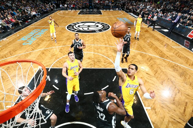 BROOKLYN, NY - FEBRUARY 2: Jordan Clarkson #6 of the Los Angeles Lakers shoots the ball against the Brooklyn Nets on February 2, 2018 at Barclays Center in Brooklyn, New York. NOTE TO USER: User expressly acknowledges and agrees that, by downloading and or using this Photograph, user is consenting to the terms and conditions of the Getty Images License Agreement. Mandatory Copyright Notice: Copyright 2018 NBAE (Photo by Nathaniel S. Butler/NBAE via Getty Images)