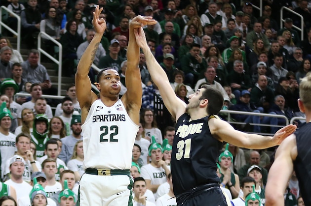 EAST LANSING, MI - FEBRUARY 10: Miles Bridges #22 of the Michigan State Spartans shoots over  Dakota Mathias #31 of the Purdue Boilermakers at Breslin Center on February 10, 2018 in East Lansing, Michigan. (Photo by Rey Del Rio/Getty Images)