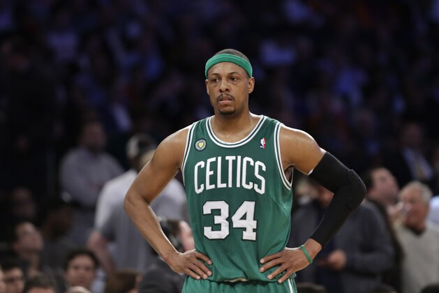 Boston Celtics forward Paul Pierce (34) reacts in the second half of Game 2 of their first-round NBA basketball playoff series against the New York Knicks in New York, Tuesday, April 23, 2013.  The Knicks defeated the Celtics  87-71 to go up 2-0 in their series. .(AP Photo/Kathy Willens)