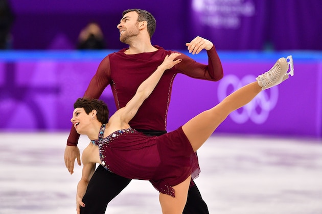 Canada's Meagan Duhamel and Canada's Eric Radford compete in the figure skating team event pair skating free skating during the Pyeongchang 2018 Winter Olympic Games at the Gangneung Ice Arena in Gangneung on February 11, 2018. / AFP PHOTO / Mladen ANTONOV        (Photo credit should read MLADEN ANTONOV/AFP/Getty Images)