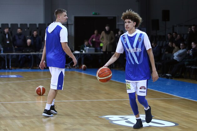 PRIENAI, LITHUANIA - JANUARY 09:  LaMelo Ball of Vytautas Prienai prior to the match between Vytautas Prienai and Zalgiris Kauno on January 9, 2018 in Prienai, Lithuania.  (Photo by Alius Koroliovas/Getty Images)