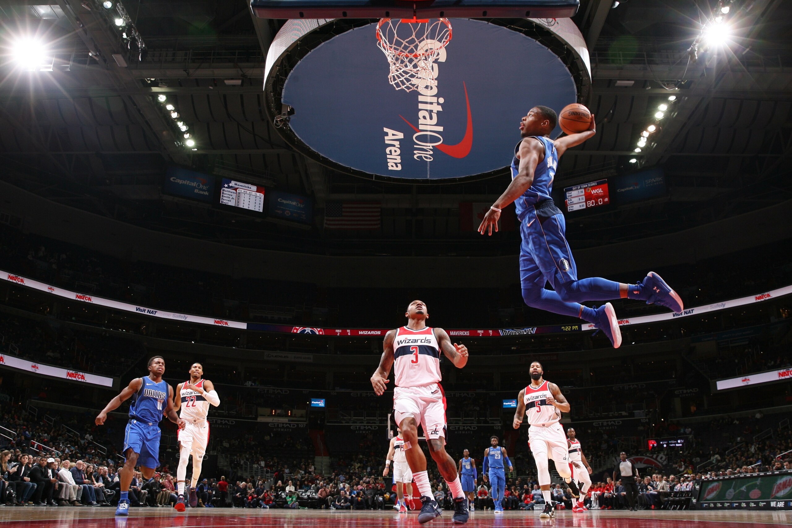 WASHINGTON, DC - NOVEMBER 7:  Dennis Smith Jr. #1 of the Dallas Mavericks dunks against the Washington Wizards on November 7, 2017 at Capital One Arena in Washington, DC. NOTE TO USER: User expressly acknowledges and agrees that, by downloading and or using this Photograph, user is consenting to the terms and conditions of the Getty Images License Agreement. Mandatory Copyright Notice: Copyright 2017 NBAE (Photo by Ned Dishman/NBAE via Getty Images)