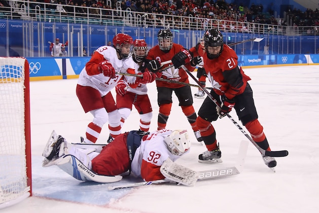 GANGNEUNG, SOUTH KOREA - FEBRUARY 11:  Nadezhda Morozova #92 of Olympic Athlete from Russia attempts to make a save in the third period against Canada during the Women's Ice Hockey Preliminary Round - Group A game on day two of the PyeongChang 2018 Winter Olympic Games at Kwandong Hockey Centre on February 11, 2018 in Gangneung, South Korea.  (Photo by Bruce Bennett/Getty Images)