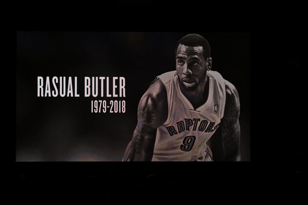 TORONTO, CANADA - FEBRUARY 2: The Toronto Raptors honor Rasual Butler before the Toronto Raptors game against the Portland Trail Blazers on February 2, 2018 at the Air Canada Centre in Toronto, Ontario, Canada.  NOTE TO USER: User expressly acknowledges and agrees that, by downloading and/or using this photograph, user is consenting to the terms and conditions of the Getty Images License Agreement. Mandatory Copyright Notice: Copyright 2018 NBAE (Photo by Ron Turenne/NBAE via Getty Images)