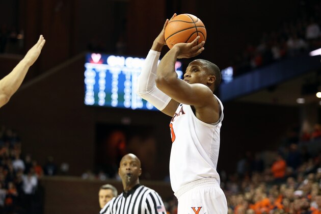 CHARLOTTESVILLE, VA - February 10: Devon Hall #0 of the Virginia Cavaliers shoots in the second half during a game against the Virginia Tech Hokies at John Paul Jones Arena on February 10, 2018 in Charlottesville, Virginia. Virginia Tech defeated Virginia 61-60. (Photo by Ryan M. Kelly/Getty Images)