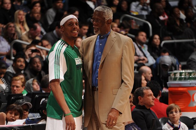 LOS ANGELES, CA - FEBRUARY 19:  Paul Pierce #34 of the Boston Celtics receives some words of encouragement from NBA Legend Bill Russell before the Foot Locker Three-Point Contest at Staples Center on February 19, 2011 in Los Angeles, California. NOTE TO USER: User expressly acknowledges and agrees that, by downloading and/or using this Photograph, user is consenting to the terms and conditions of the Getty Images License Agreement. Mandatory Copyright Notice: Copyright 2011 NBAE (Photo by Andrew D. Bernstein/NBAE via Getty Images)