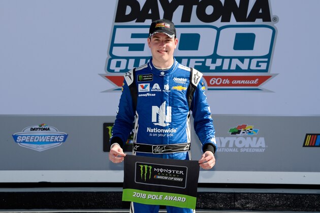 DAYTONA BEACH, FL - FEBRUARY 11:  Alex Bowman, driver of the #88 Nationwide Chevrolet, poses for a photo after winning the Pole Award during qualifying for the Monster Energy NASCAR Cup Series Daytona 500 at Daytona International Speedway on February 11, 2018 in Daytona Beach, Florida.  (Photo by Robert Laberge/Getty Images)