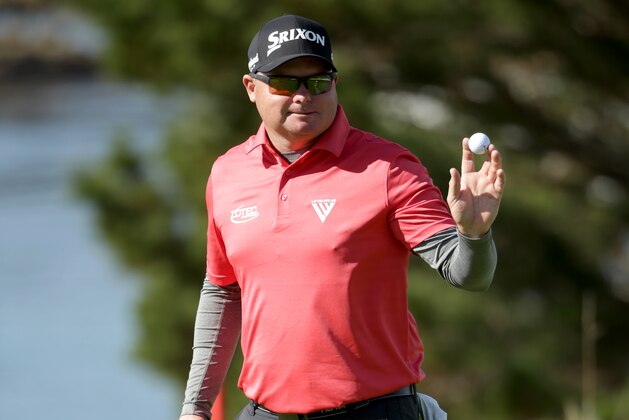 PEBBLE BEACH, CA - FEBRUARY 11:  Ted Potter Jr. reacts after making birdie on the fourth green during the Final Round of the AT&T Pebble Beach Pro-Am at Pebble Beach Golf Links on February 11, 2018 in Pebble Beach, California. (Photo by Jeff Gross/Getty Images)