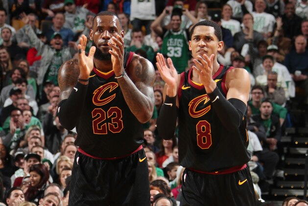 CLEVELAND, OH - FEBRUARY 11: LeBron James #23 and Jordan Clarkson #8 of the Cleveland Cavaliers celebrate during the game against the Boston Celtics  on February 11, 2018 at TD Garden in Boston, Massachusetts.  NOTE TO USER: User expressly acknowledges and agrees that, by downloading and or using this Photograph, user is consenting to the terms and conditions of the Getty Images License Agreement. Mandatory Copyright Notice: Copyright 2018 NBAE (Photo by Nathaniel S. Butler/NBAE via Getty Images)