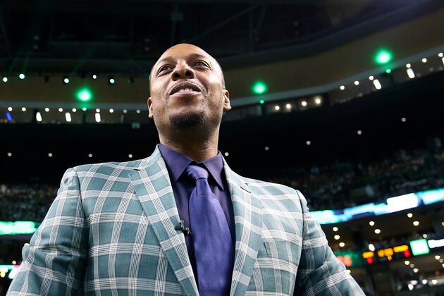 BOSTON, MA - FEBRUARY 11:  Former Boston Celtics player Paul Pierce #34 looks on during a game between the Boston Celtics and the Cleveland Cavaliers at TD Garden on February 11, 2018 in Boston, Massachusetts. Paul Pierce's jersey will be retired following the game. NOTE TO USER: User expressly acknowledges and agrees that, by downloading and or using this photograph, User is consenting to the terms and conditions of the Getty Images License Agreement.  (Photo by Adam Glanzman/Getty Images)