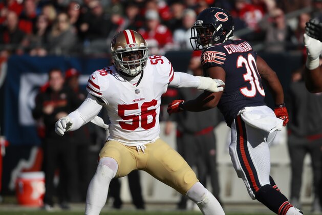 San Francisco 49ers outside linebacker Reuben Foster (56) lines up against the Chicago Bears during an NFL football game Sunday, Dec. 3, 2017, in Chicago. The 49ers won the game 15-14. (Jeff Haynes/AP Images for Panini)