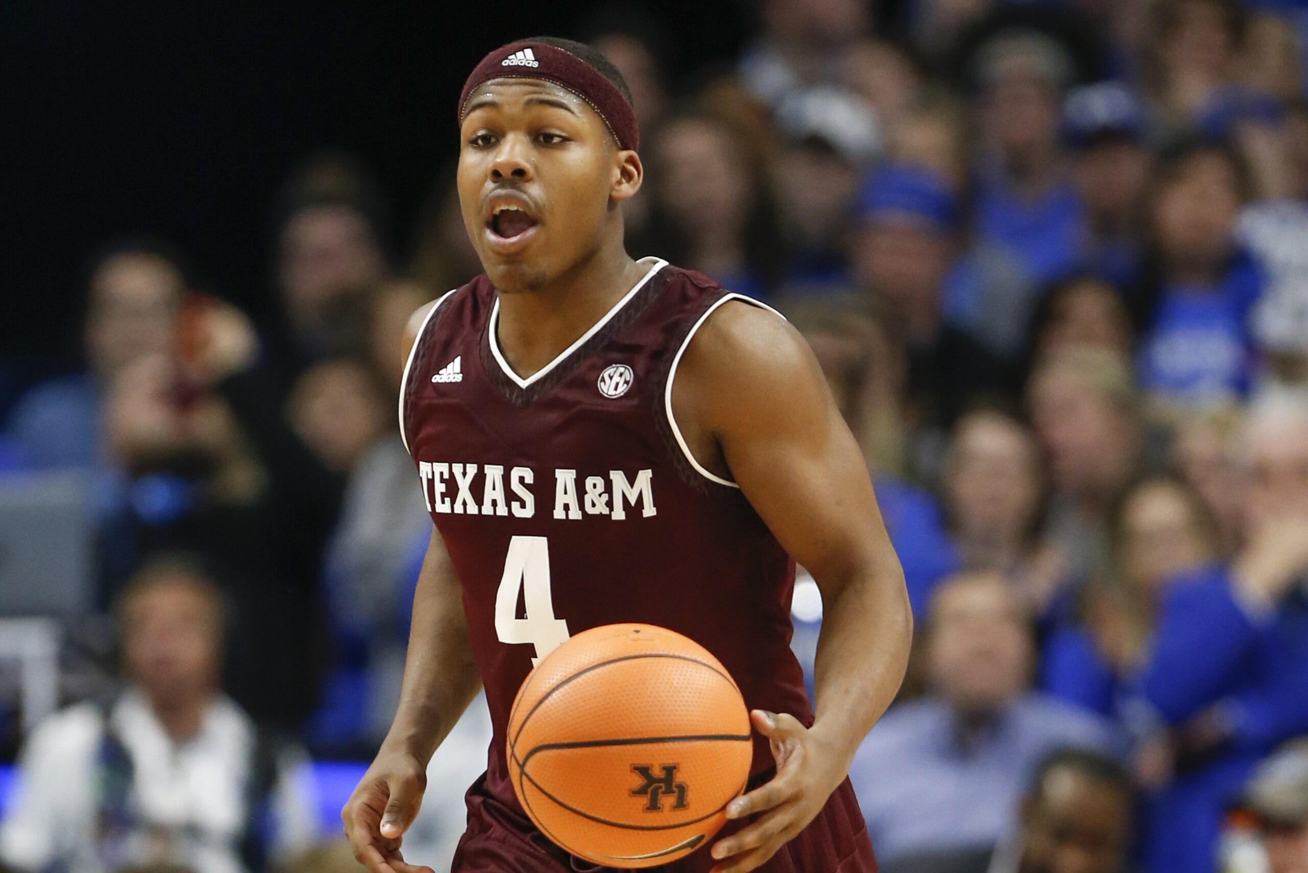 LEXINGTON, KY - JANUARY 09: JJ Caldwell #4 of the Texas A&M Aggies dribbles with the ball against the Kentucky Wildcats at Rupp Arena on January 9, 2018 in Lexington, Kentucky. (Photo by Michael Reaves/Getty Images) LEXINGTON, KY - JANUARY 09: JJ Caldwell #4 of the Texas A&M Aggies dribbles with the ball against the Kentucky Wildcats at Rupp Arena on January 9, 2018 in Lexington, Kentucky. (Photo by Michael Reaves/Getty Images)