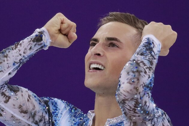 Adam Rippon of the United States reacts after his performance in the men's single skating free skating in the Gangneung Ice Arena at the 2018 Winter Olympics in Gangneung, South Korea, Monday, Feb. 12, 2018. (AP Photo/Julie Jacobson)