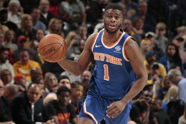 INDIANAPOLIS, IN - FEBRUARY 11:  Emmanuel Mudiay #1 of the New York Knicks handles the ball against the Indiana Pacers on February 11, 2018 at Bankers Life Fieldhouse in Indianapolis, Indiana. NOTE TO USER: User expressly acknowledges and agrees that, by downloading and or using this Photograph, user is consenting to the terms and conditions of the Getty Images License Agreement. Mandatory Copyright Notice: Copyright 2018 NBAE (Photo by Ron Hoskins/NBAE via Getty Images)