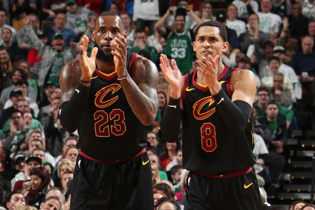 CLEVELAND, OH - FEBRUARY 11: LeBron James #23 and Jordan Clarkson #8 of the Cleveland Cavaliers celebrate during the game against the Boston Celtics  on February 11, 2018 at TD Garden in Boston, Massachusetts.  NOTE TO USER: User expressly acknowledges and agrees that, by downloading and or using this Photograph, user is consenting to the terms and conditions of the Getty Images License Agreement. Mandatory Copyright Notice: Copyright 2018 NBAE (Photo by Nathaniel S. Butler/NBAE via Getty Images)