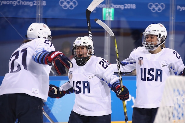 GANGNEUNG, SOUTH KOREA - FEBRUARY 11:  Kendall Coyne #26 of the United States celebrates with teammates after scoring a goal in the second period against Finland during the Women's Ice Hockey Preliminary Round - Group A game on day two of the PyeongChang 2018 Winter Olympic Games at Kwandong Hockey Centre on February 11, 2018 in Gangneung, South Korea.  (Photo by Bruce Bennett/Getty Images)