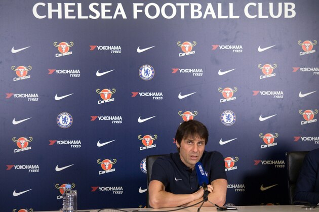 Chelsea's Italian head coach Antonio Conte gives a press conference at Chelsea's Cobham training facility in Stoke D'Abernon, southwest of London, on February 9, 2018 ahead of their English Premier League football match against West Bromwich Albion. / AFP PHOTO / Justin TALLIS / RESTRICTED TO EDITORIAL USE. No use with unauthorized audio, video, data, fixture lists, club/league logos or 'live' services. Online in-match use limited to 75 images, no video emulation. No use in betting, games or single club/league/player publications.  /         (Photo credit should read JUSTIN TALLIS/AFP/Getty Images)