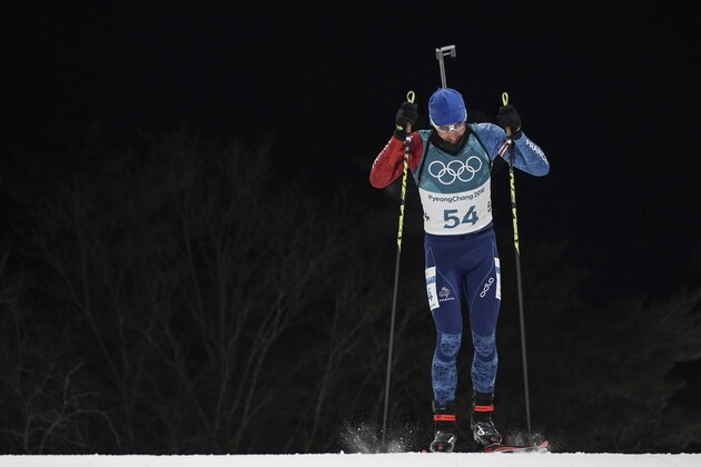 Martin Fourcade, of France, competes during the men's 10-kilometer biathlon sprint at the 2018 Winter Olympics in Pyeongchang, South Korea, Sunday, Feb. 11, 2018. (AP Photo/Felipe Dana)