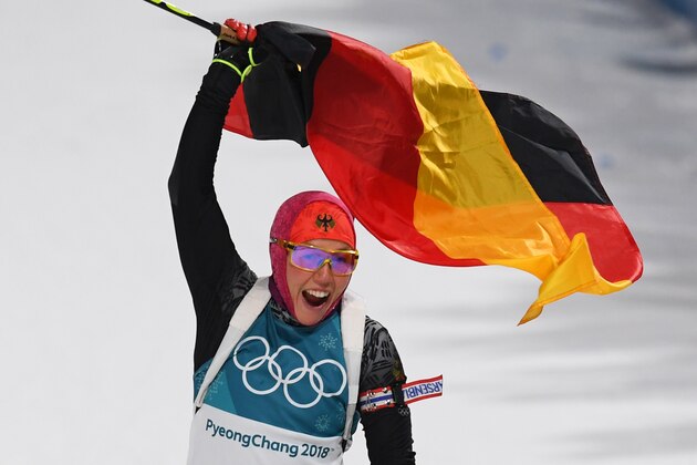PYEONGCHANG-GUN, SOUTH KOREA - FEBRUARY 12:  Laura Dahlmeier of Germany celebrates her time during the Women's Biathlon 10km Pursuit on day three of the PyeongChang 2018 Winter Olympic Games at Alpensia Biathlon Centre on February 12, 2018 in Pyeongchang-gun, South Korea.  (Photo by Matthias Hangst/Getty Images)