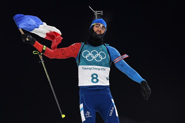 PYEONGCHANG-GUN, SOUTH KOREA - FEBRUARY 12:  Martin Fourcade of France celebrates winning the gold medal during the Men's Biathlon 12.5km Pursuit on day three of the PyeongChang 2018 Winter Olympic Games at Alpensia Biathlon Centre on February 12, 2018 in Pyeongchang-gun, South Korea.  (Photo by Matthias Hangst/Getty Images)