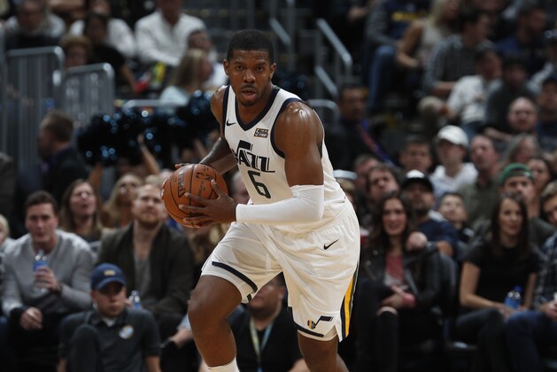Utah Jazz guard Joe Johnson (6) in the second half of an NBA basketball game Friday, Jan. 5, 2018, in Denver. The Nuggets won 99-91. (AP Photo/David Zalubowski)