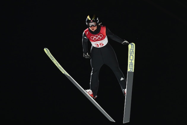 PYEONGCHANG-GUN, SOUTH KOREA - FEBRUARY 12:  Maren Lundby of Norway makes a jump during the Ladies' Normal Hill Individual Ski Jumping Final on day threpe of the PyeongChang 2018 Winter Olympic Games at Alpensia Ski Jumping Centre on February 12, 2018 in Pyeongchang-gun, South Korea.  (Photo by Lars Baron/Getty Images)